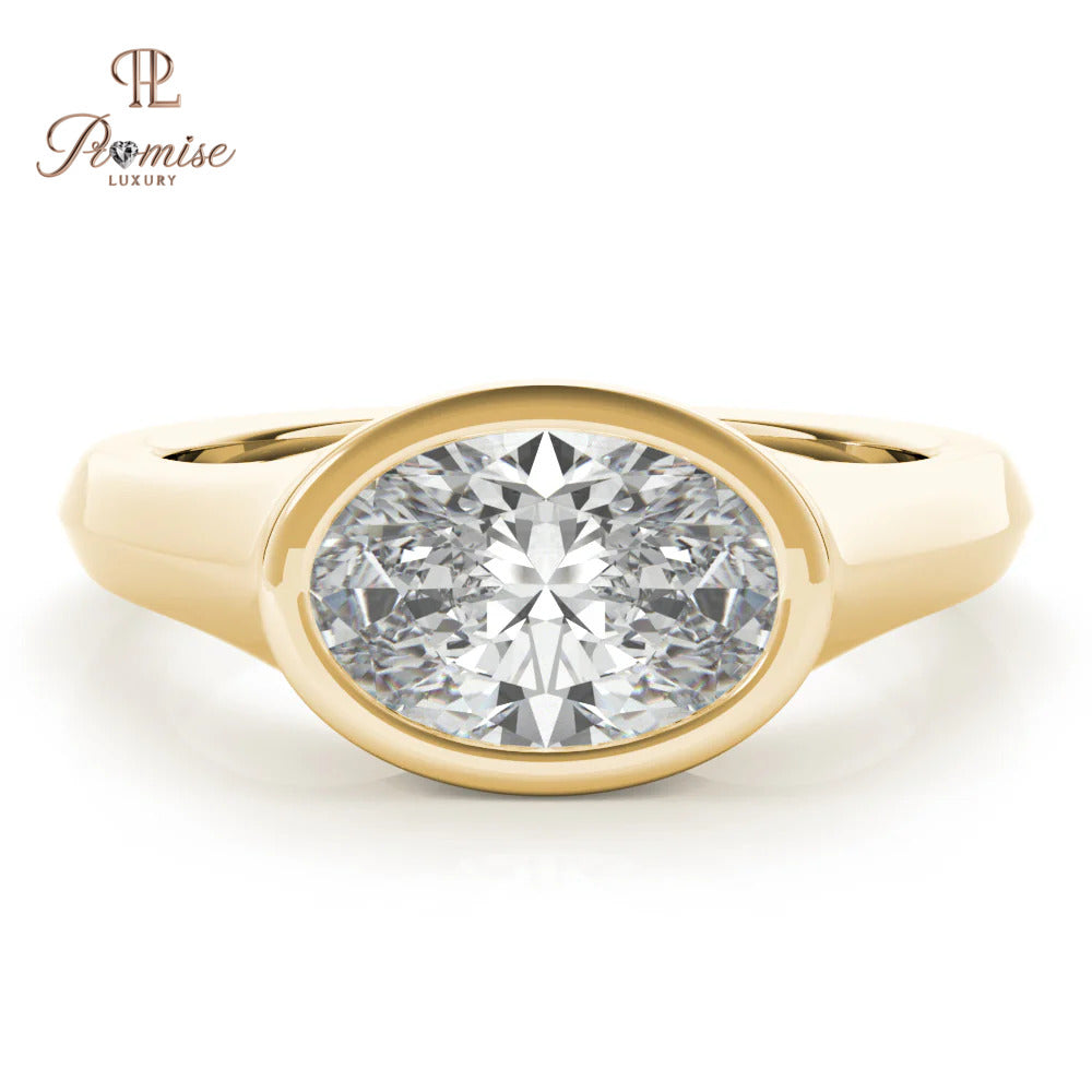 Oval Bezel set East West Engagement Ring - Unique Signet Style Gold Ring