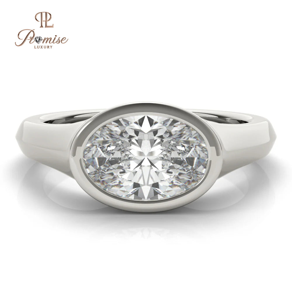 Oval Bezel set East West Engagement Ring - Unique Signet Style Gold Ring