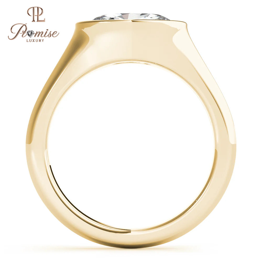 Oval Bezel set East West Engagement Ring - Unique Signet Style Gold Ring