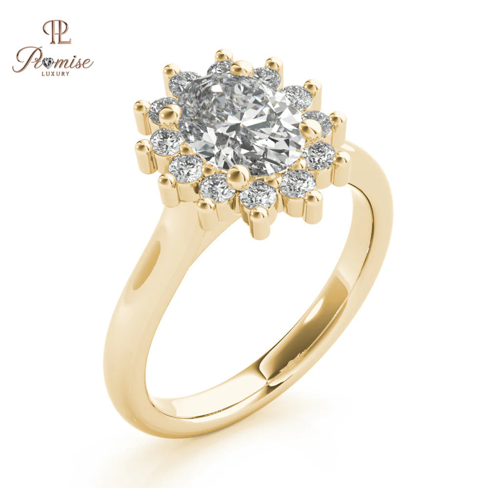 Flower Shape Halo Oval cut Diamond Ring - Unique Bridal Engagement Ring
