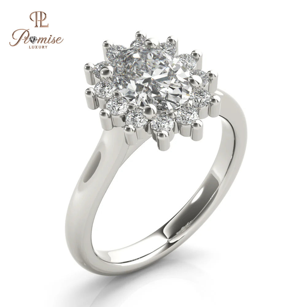 Flower Shape Halo Oval cut Diamond Ring - Unique Bridal Engagement Ring