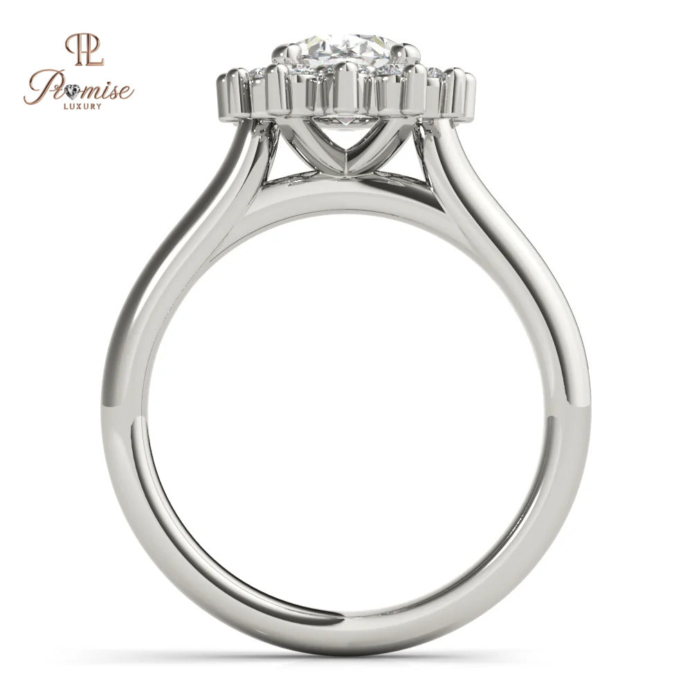 Flower Shape Halo Oval cut Diamond Ring - Unique Bridal Engagement Ring
