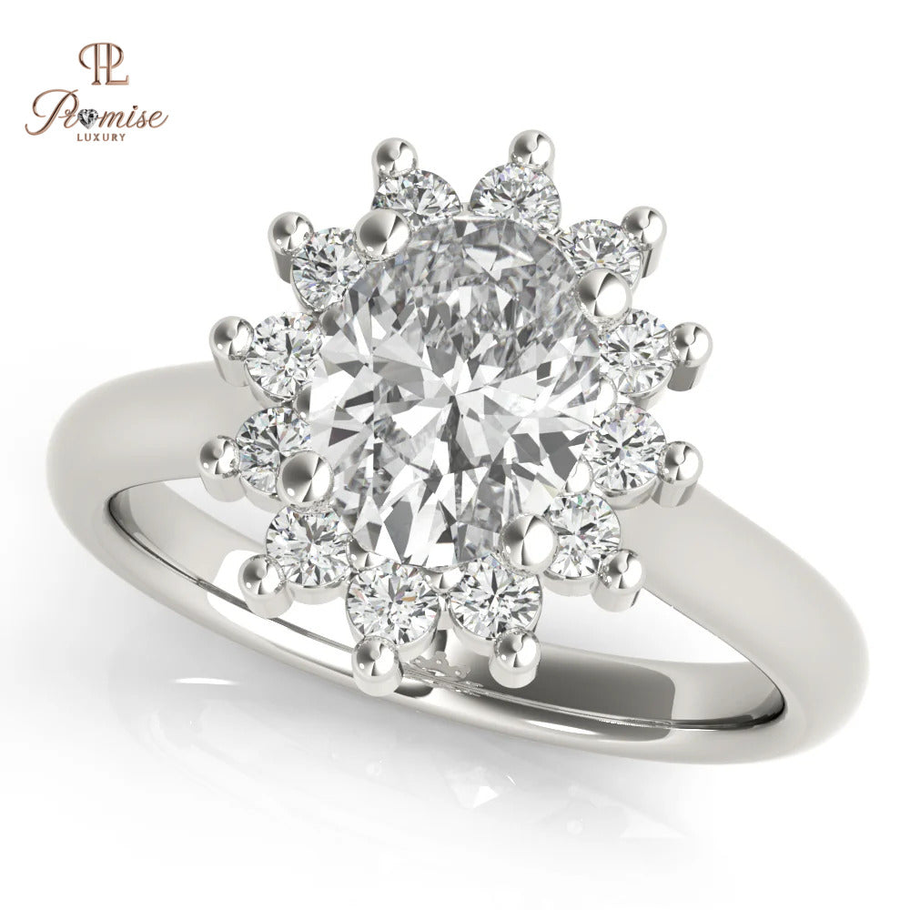 Flower Shape Halo Oval cut Diamond Ring - Unique Bridal Engagement Ring