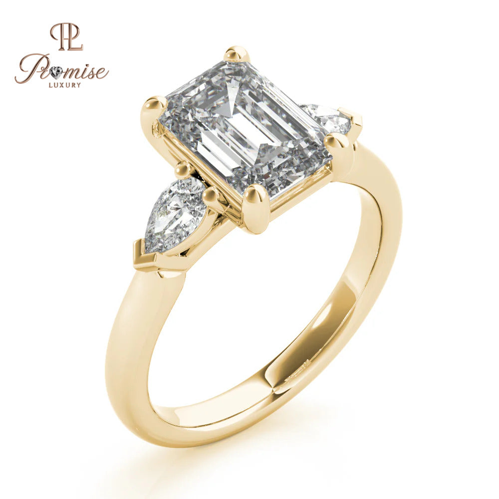 Three Stone Emerald Cut Diamond with Long Pear Engagement Ring in 14K Gold – Unique Bridal Ring