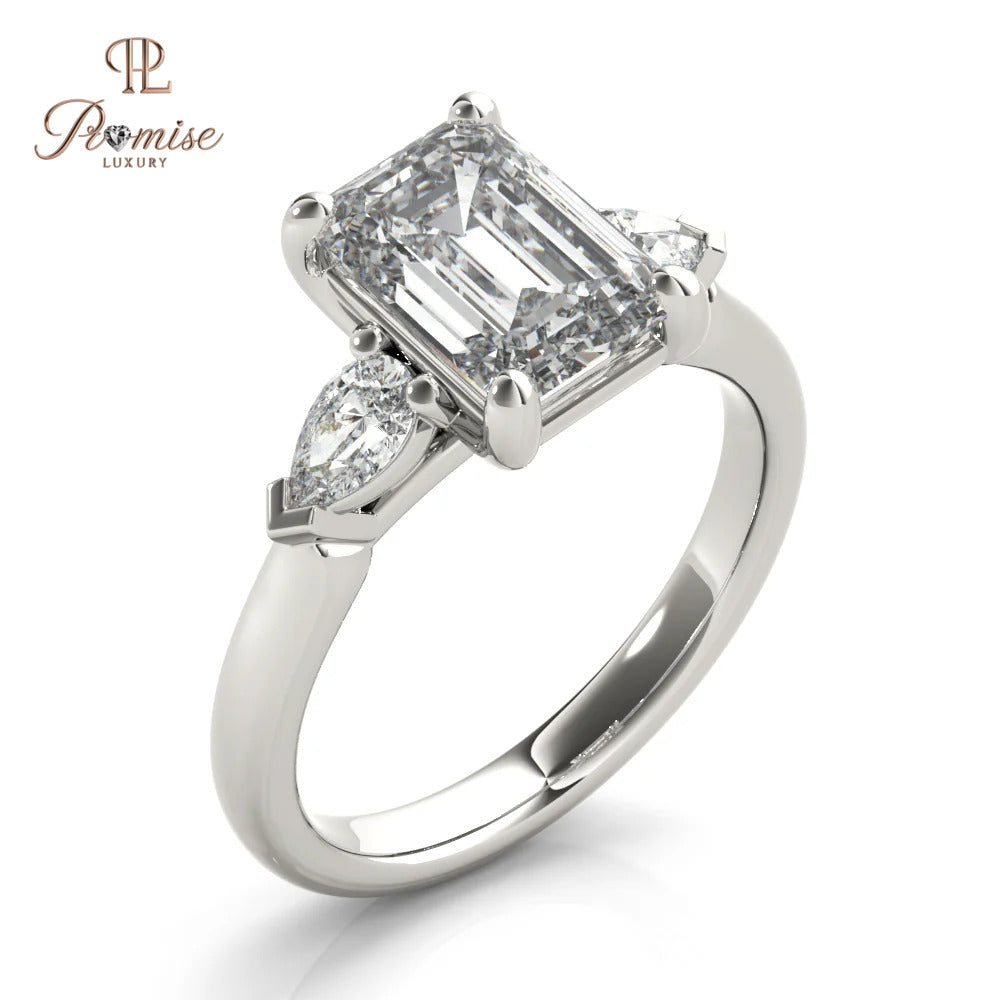 Three Stone Emerald Cut Diamond with Long Pear Engagement Ring in 14K Gold – Unique Bridal Ring