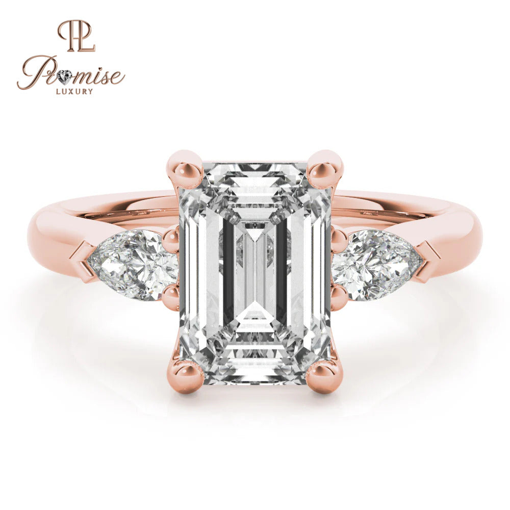 Three Stone Emerald Cut Diamond with Long Pear Engagement Ring in 14K Gold – Unique Bridal Ring