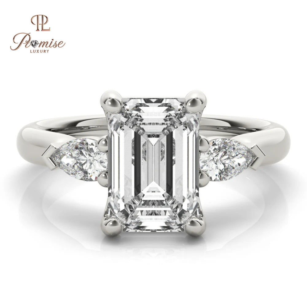 Three Stone Emerald Cut Diamond with Long Pear Engagement Ring in 14K Gold – Unique Bridal Ring