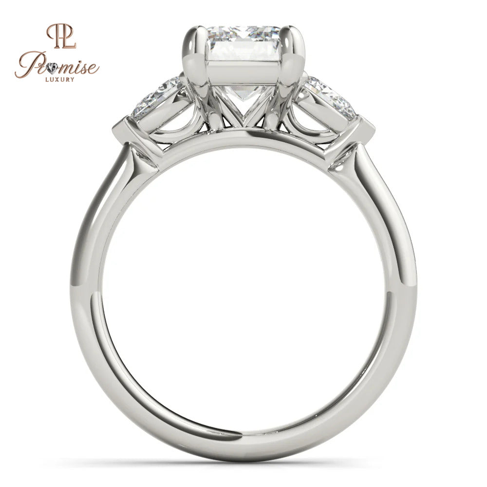 Three Stone Emerald Cut Diamond with Long Pear Engagement Ring in 14K Gold – Unique Bridal Ring