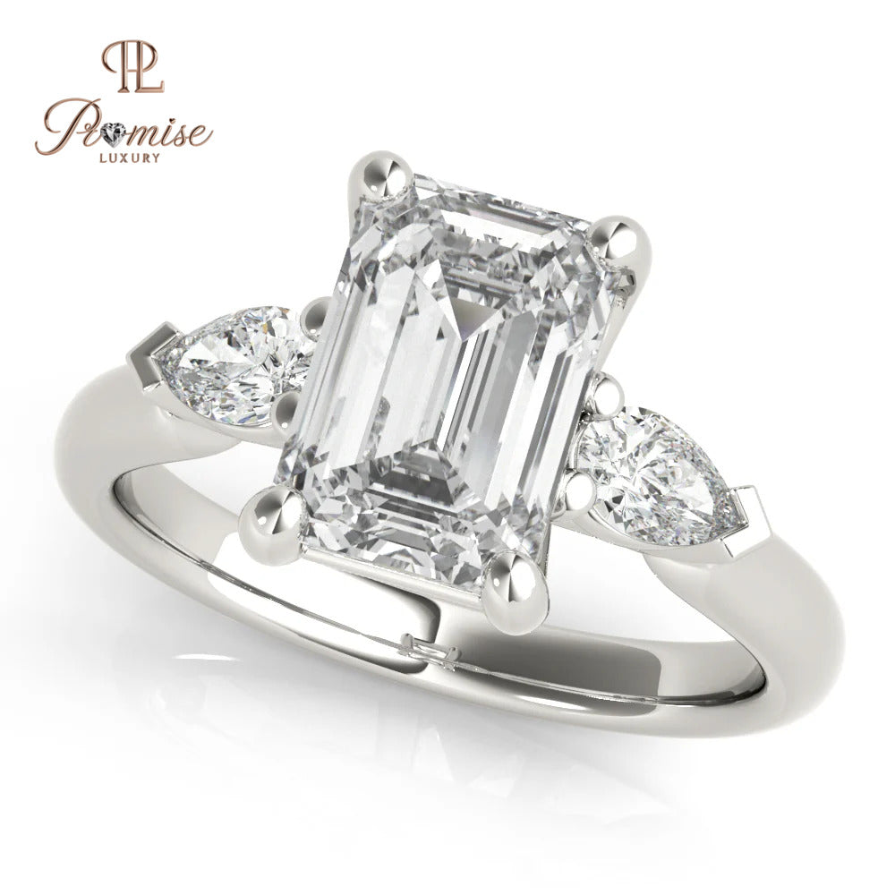 Three Stone Emerald Cut Diamond with Long Pear Engagement Ring in 14K Gold – Unique Bridal Ring