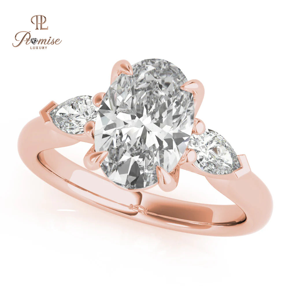 Three Stone Oval Lab Diamond Ring with Pear Side Diamonds - 14K Gold Trilogy Ring