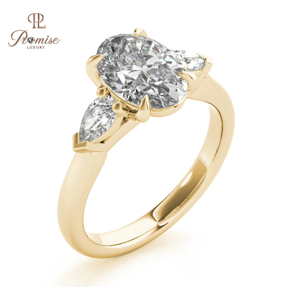 Three Stone Oval Lab Diamond Ring with Pear Side Diamonds - 14K Gold Trilogy Ring