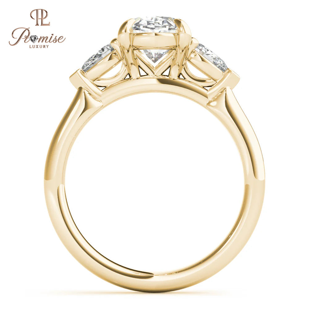 Three Stone Oval Lab Diamond Ring with Pear Side Diamonds - 14K Gold Trilogy Ring