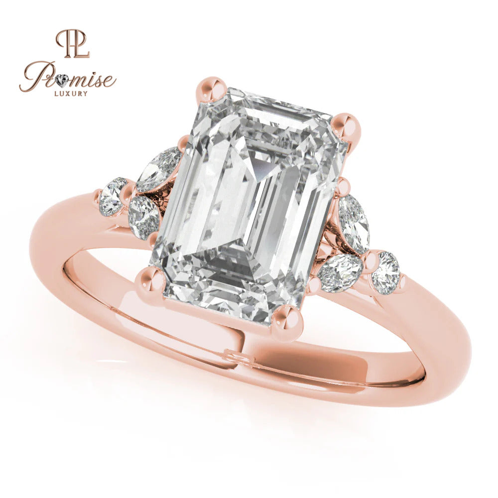 Luxury Emerald Cut Diamond Ring with Round & Marquise Side Stones – Elegant Wedding Ring