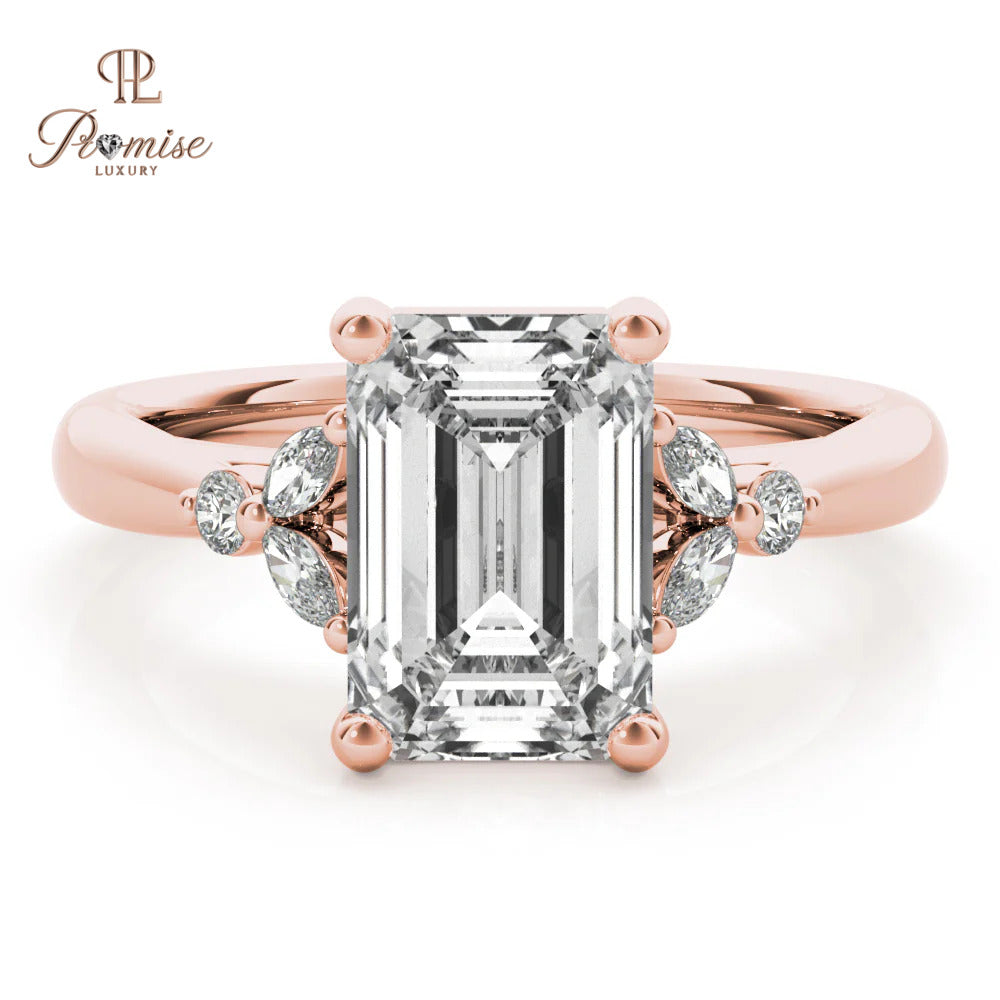 Luxury Emerald Cut Diamond Ring with Round & Marquise Side Stones – Elegant Wedding Ring