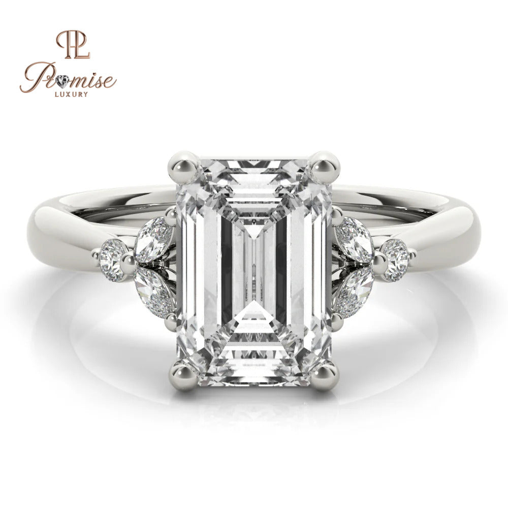 Luxury Emerald Cut Diamond Ring with Round & Marquise Side Stones – Elegant Wedding Ring