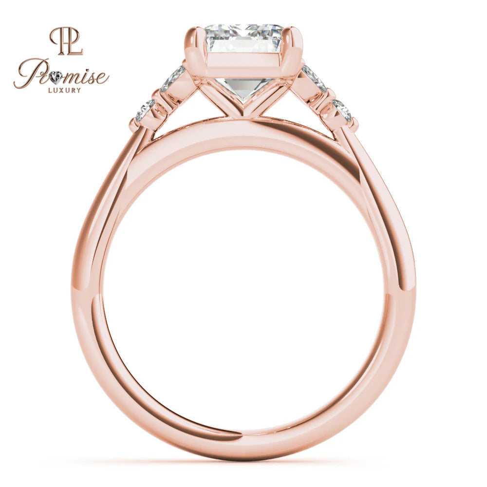 Luxury Emerald Cut Diamond Ring with Round & Marquise Side Stones – Elegant Wedding Ring