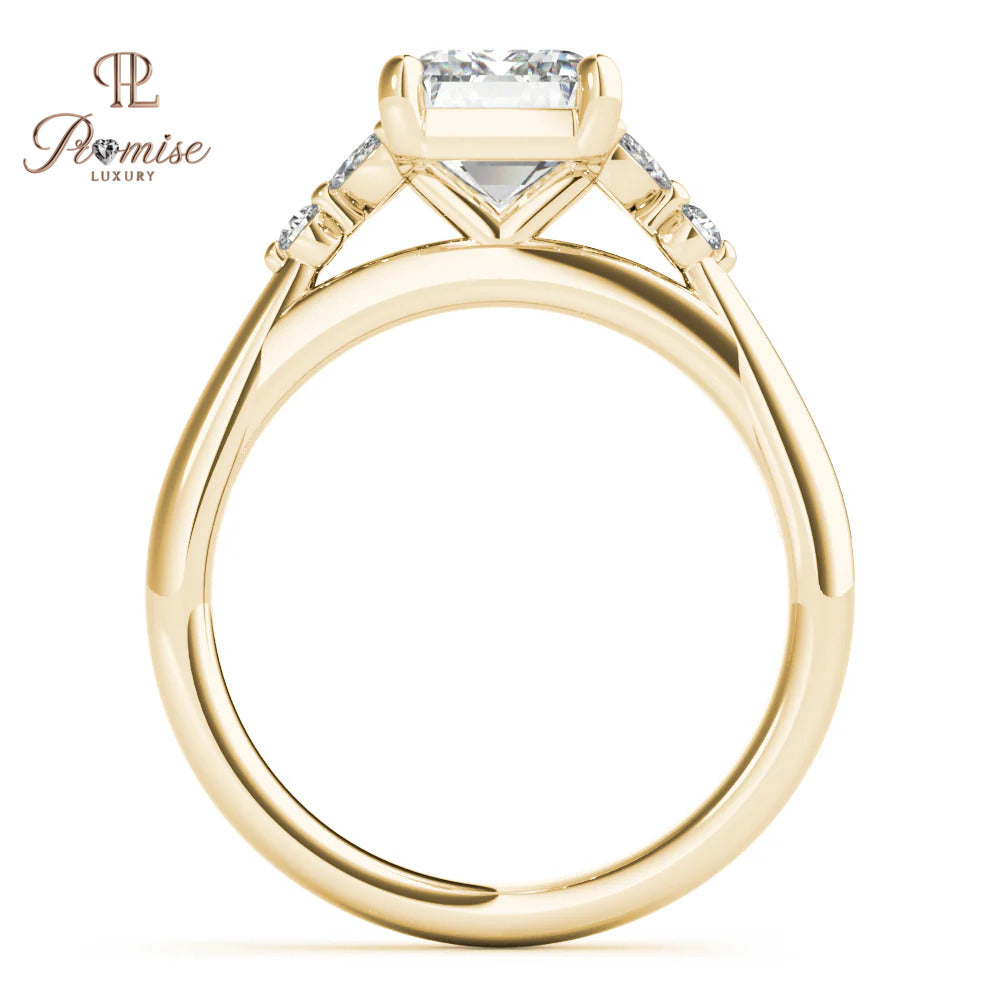 Luxury Emerald Cut Diamond Ring with Round & Marquise Side Stones – Elegant Wedding Ring
