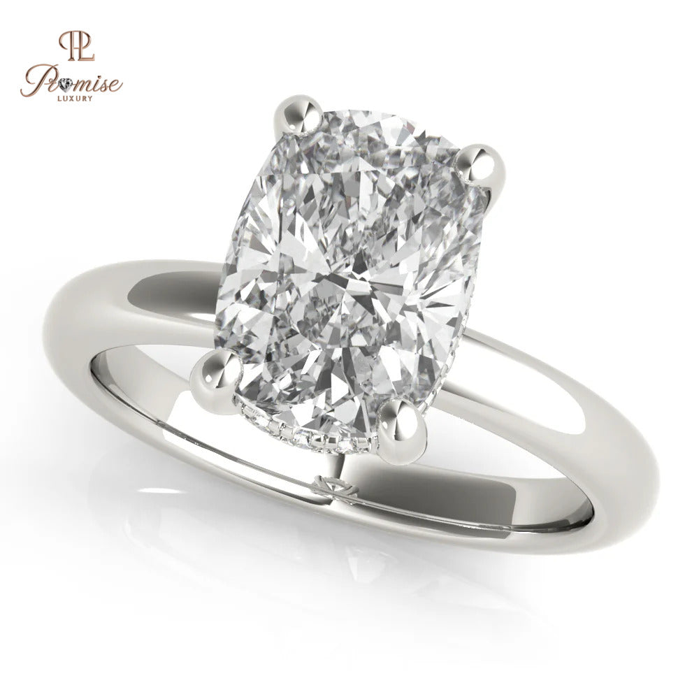 Elongated Cushion Diamond Engagement Ring – Classic 14K Gold Hidden halo Ring