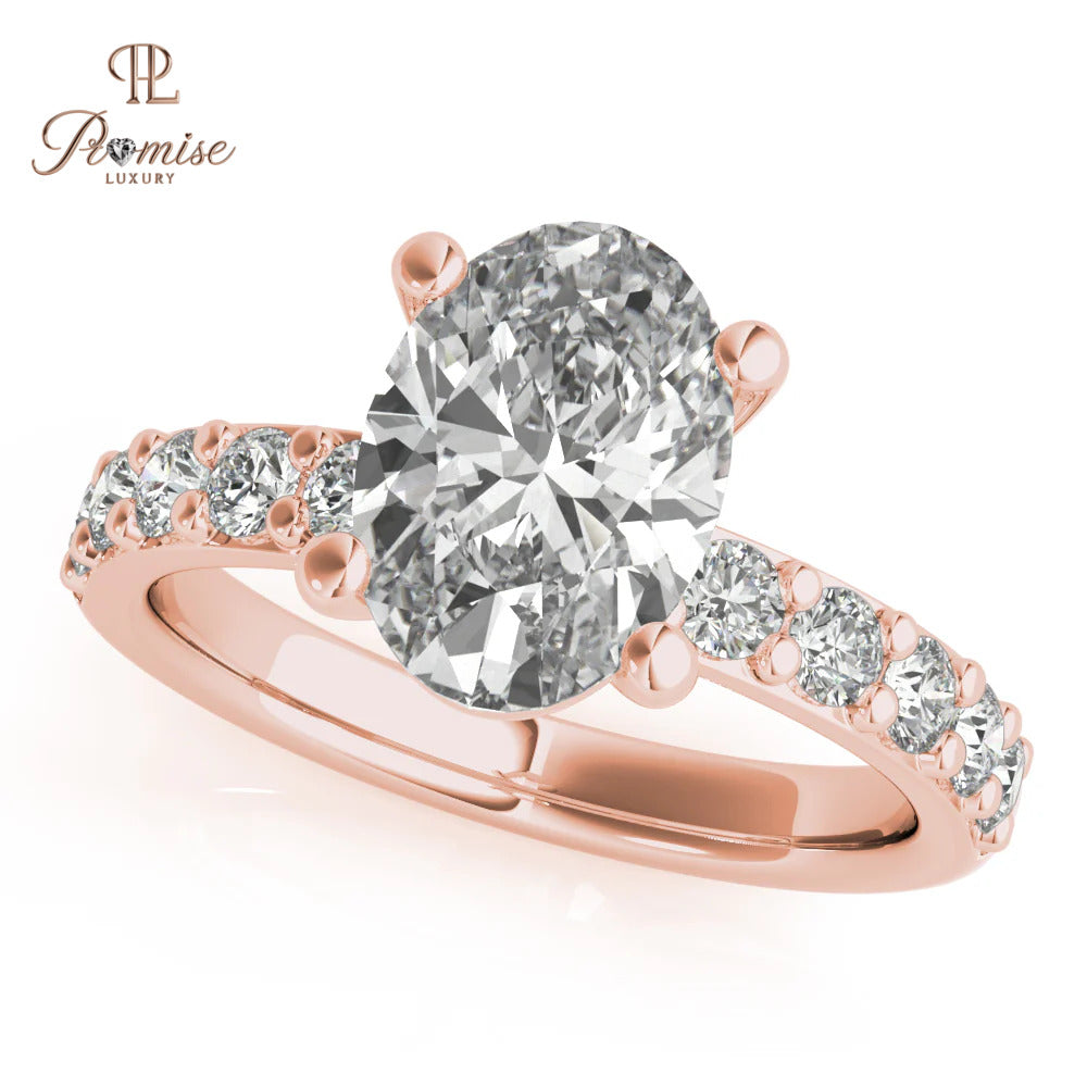 Oval Cut Lab Diamond Solitaire Engagement Ring with Accent Diamonds – 14K Gold Bridal Ring