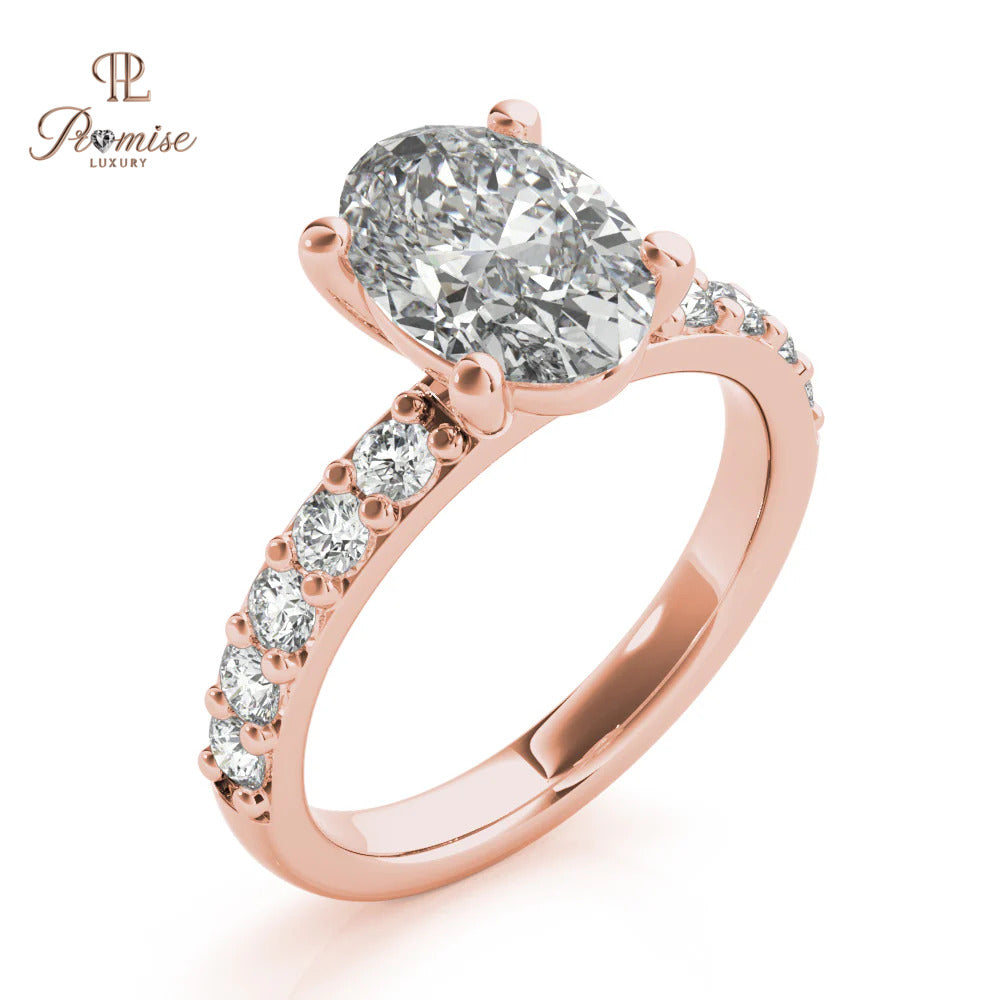 Oval Cut Lab Diamond Solitaire Engagement Ring with Accent Diamonds – 14K Gold Bridal Ring