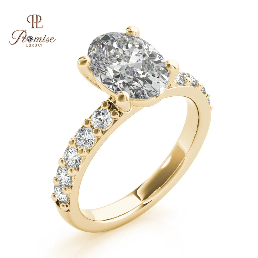 Oval Cut Lab Diamond Solitaire Engagement Ring with Accent Diamonds – 14K Gold Bridal Ring