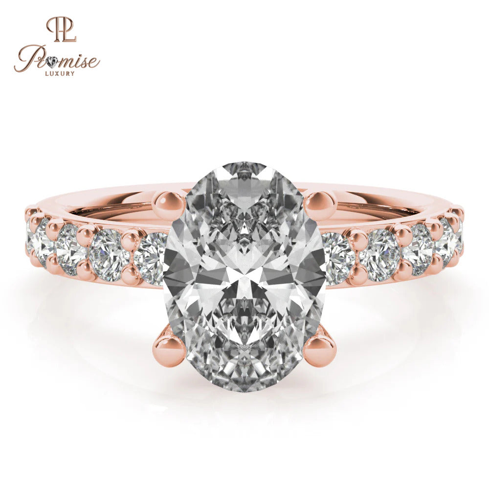 Oval Cut Lab Diamond Solitaire Engagement Ring with Accent Diamonds – 14K Gold Bridal Ring
