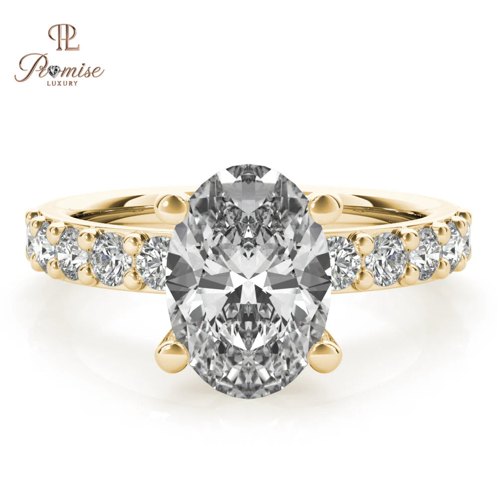 Oval Cut Lab Diamond Solitaire Engagement Ring with Accent Diamonds – 14K Gold Bridal Ring
