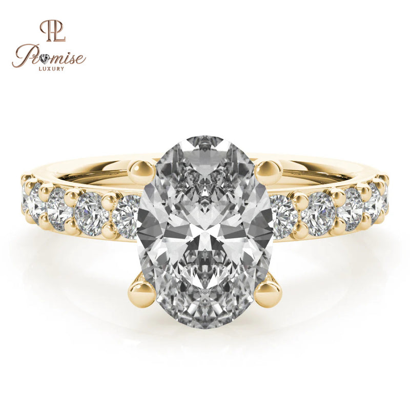 Oval Cut Lab Diamond Solitaire Engagement Ring with Accent Diamonds – 14K Gold Bridal Ring