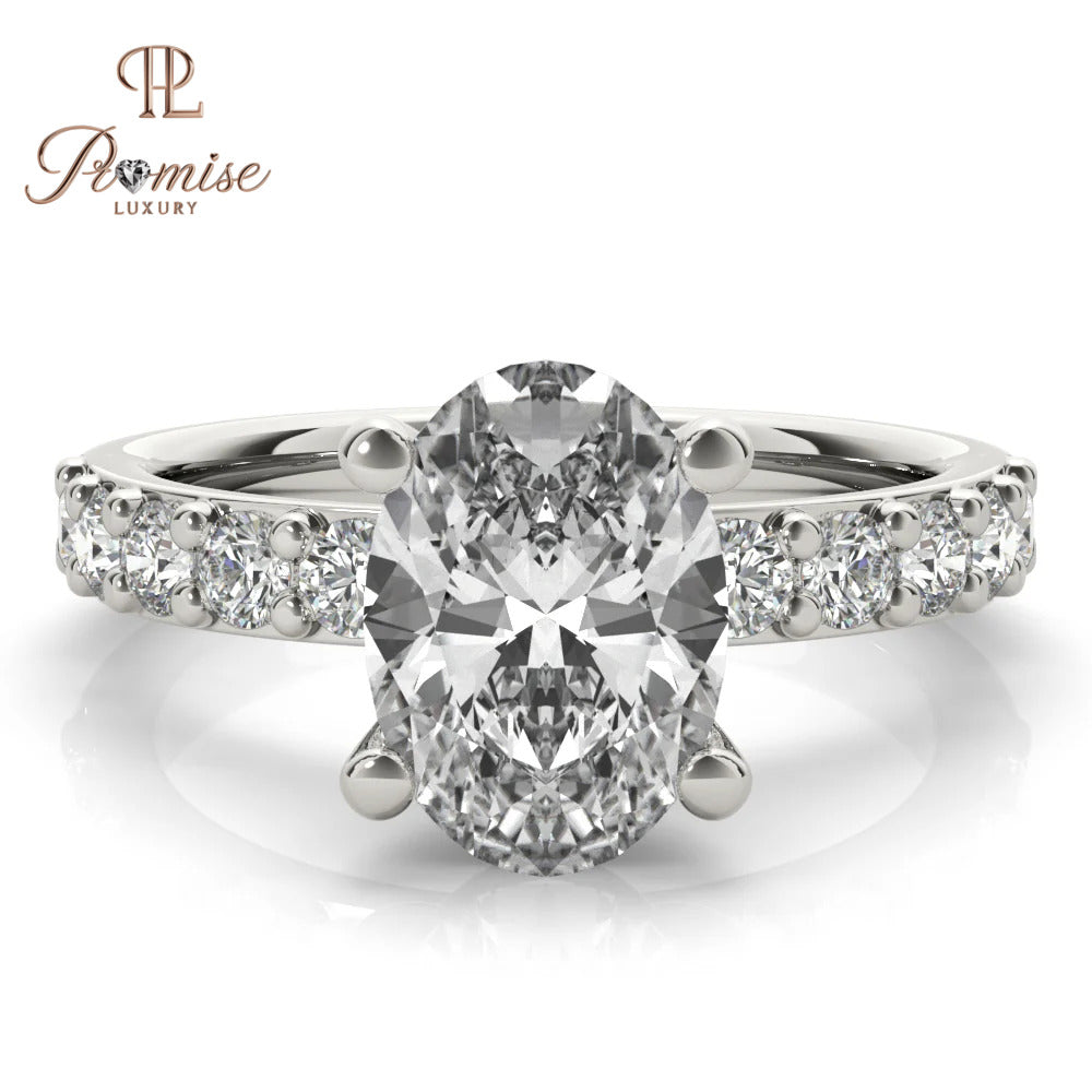 Oval Cut Lab Diamond Solitaire Engagement Ring with Accent Diamonds – 14K Gold Bridal Ring