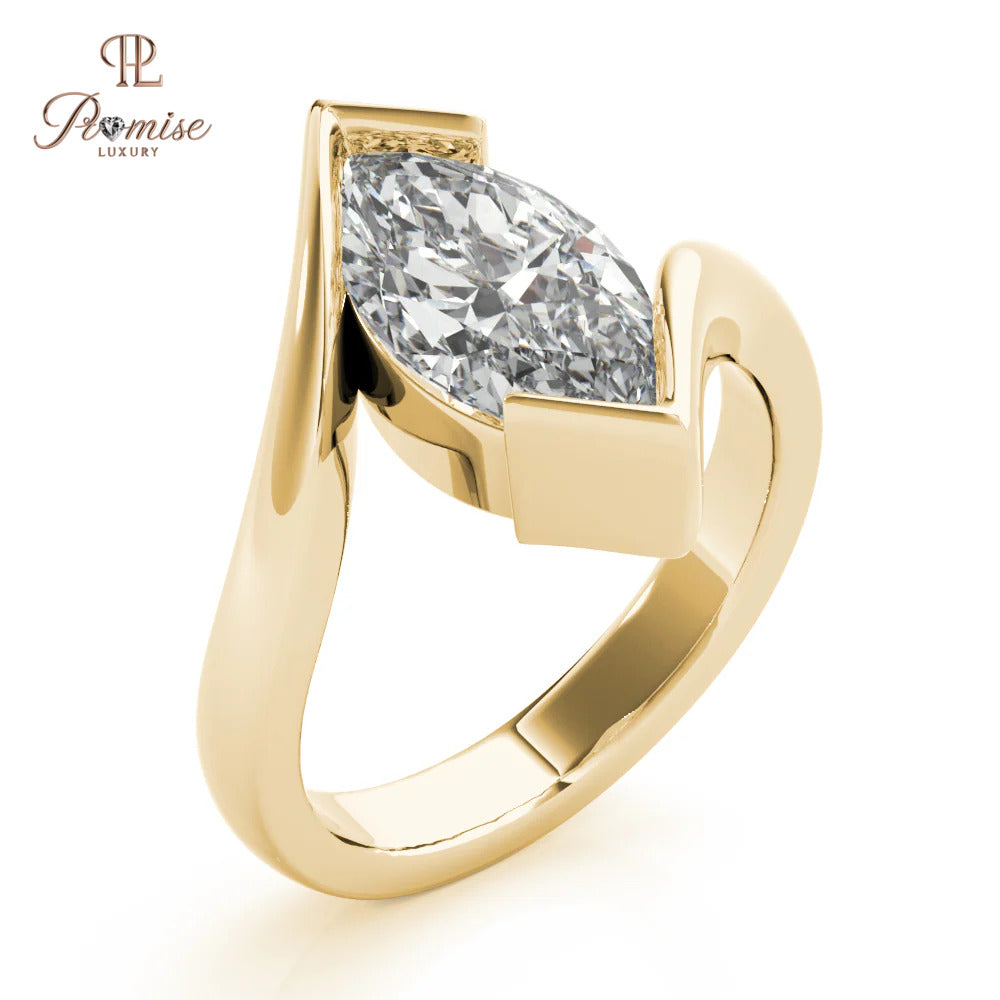 Marquise Diamond Half Bezel Ring in 14K Gold – Modern Minimalist Engagement Ring