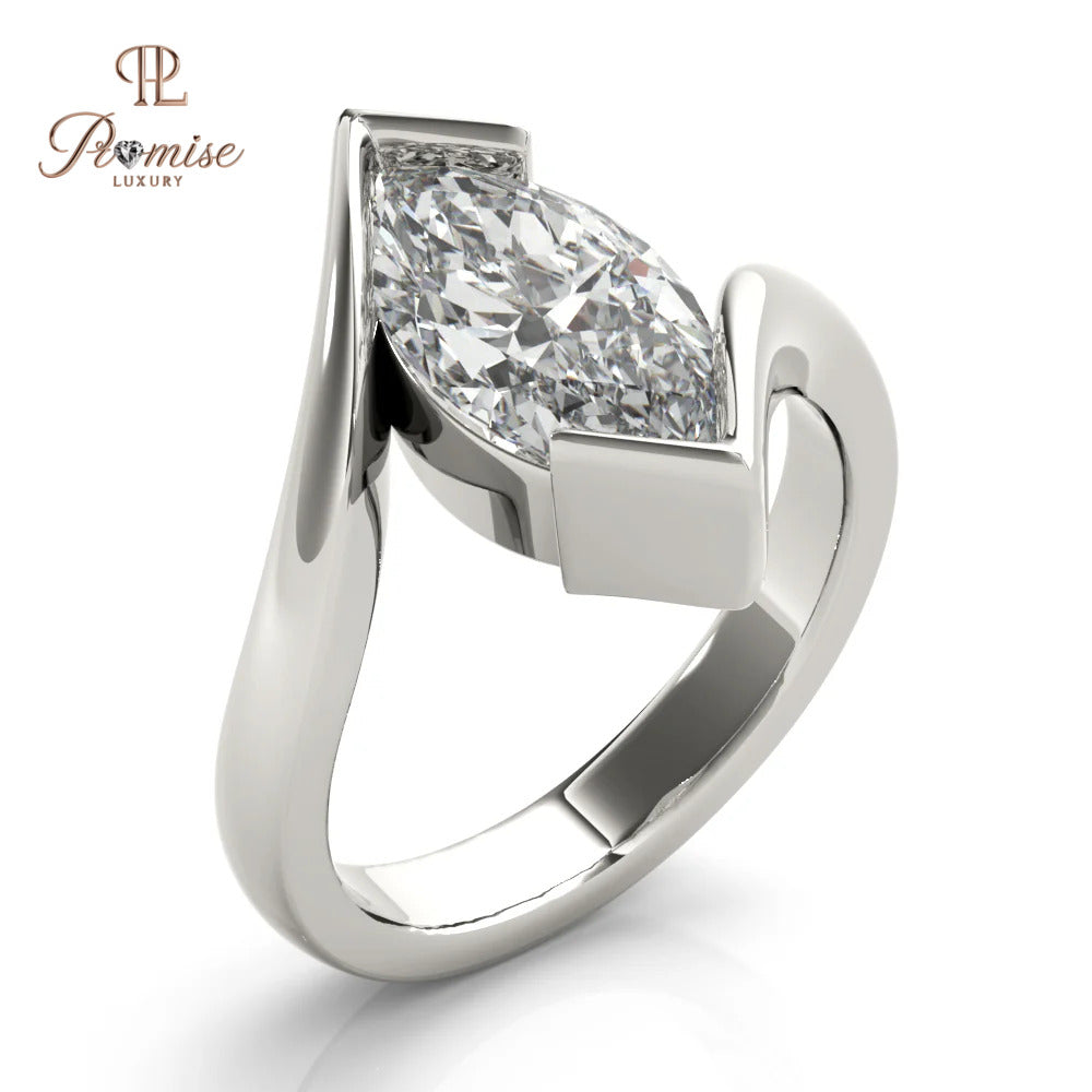 Marquise Diamond Half Bezel Ring in 14K Gold – Modern Minimalist Engagement Ring