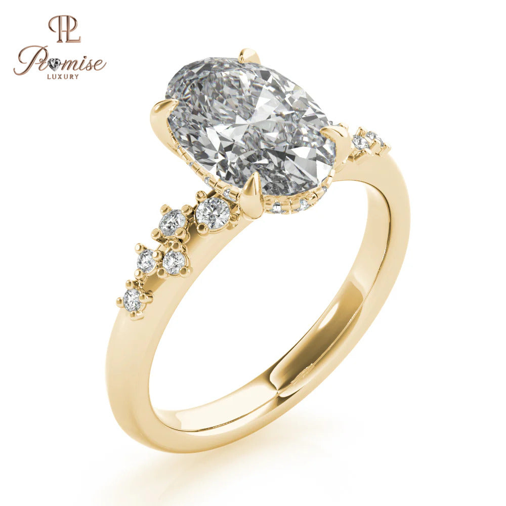 Oval Diamond Cluster Engagement Ring – Hidden Halo 14K Gold Bridal Ring