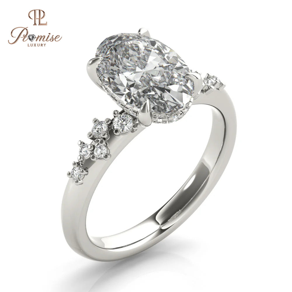 Oval Diamond Cluster Engagement Ring – Hidden Halo 14K Gold Bridal Ring