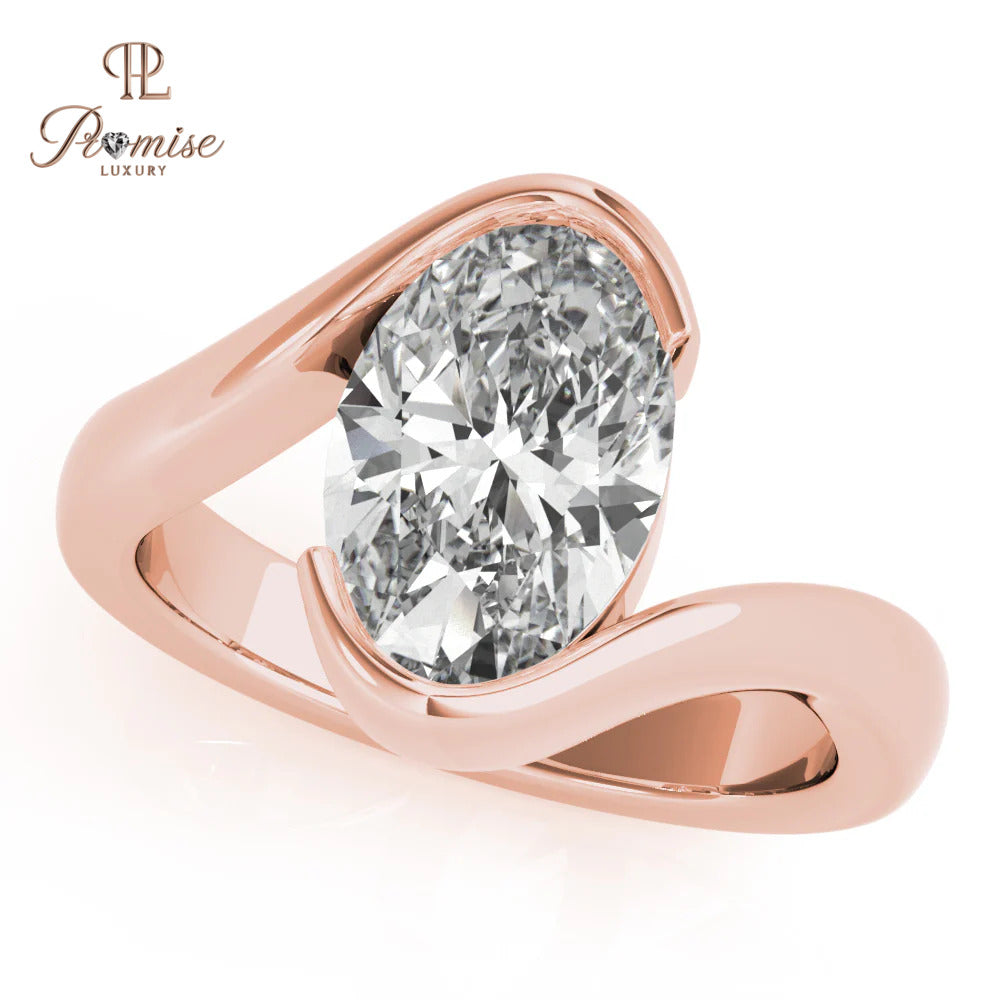 Minimalist Oval Diamond Ring – Half Bezel Engagement Ring in 14K Gold