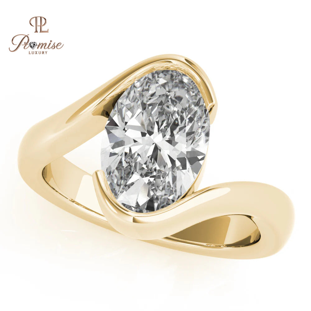 Minimalist Oval Diamond Ring – Half Bezel Engagement Ring in 14K Gold
