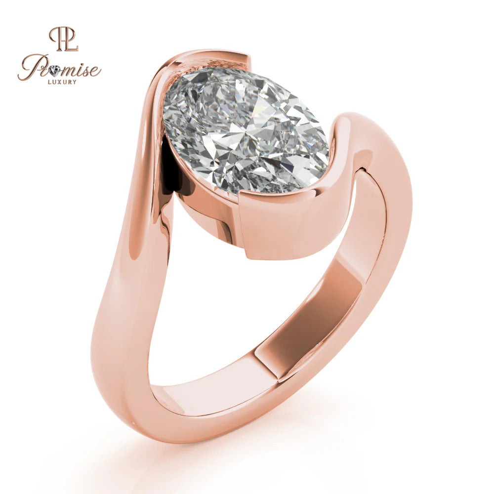 Minimalist Oval Diamond Ring – Half Bezel Engagement Ring in 14K Gold