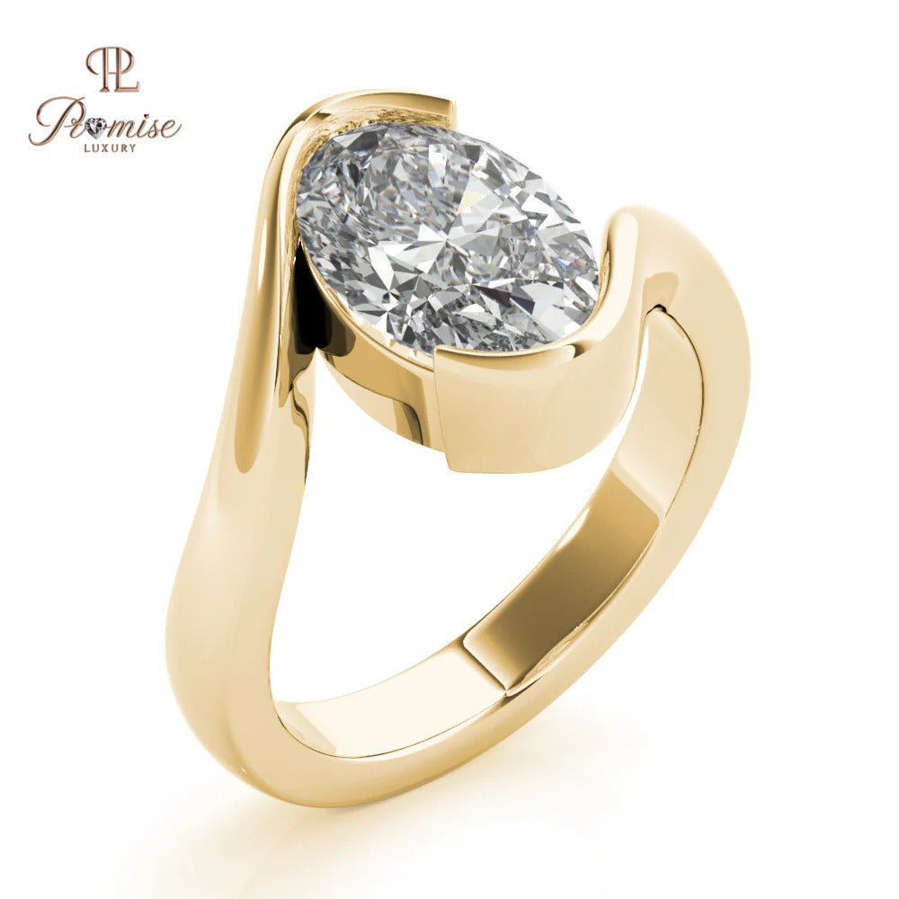Minimalist Oval Diamond Ring – Half Bezel Engagement Ring in 14K Gold