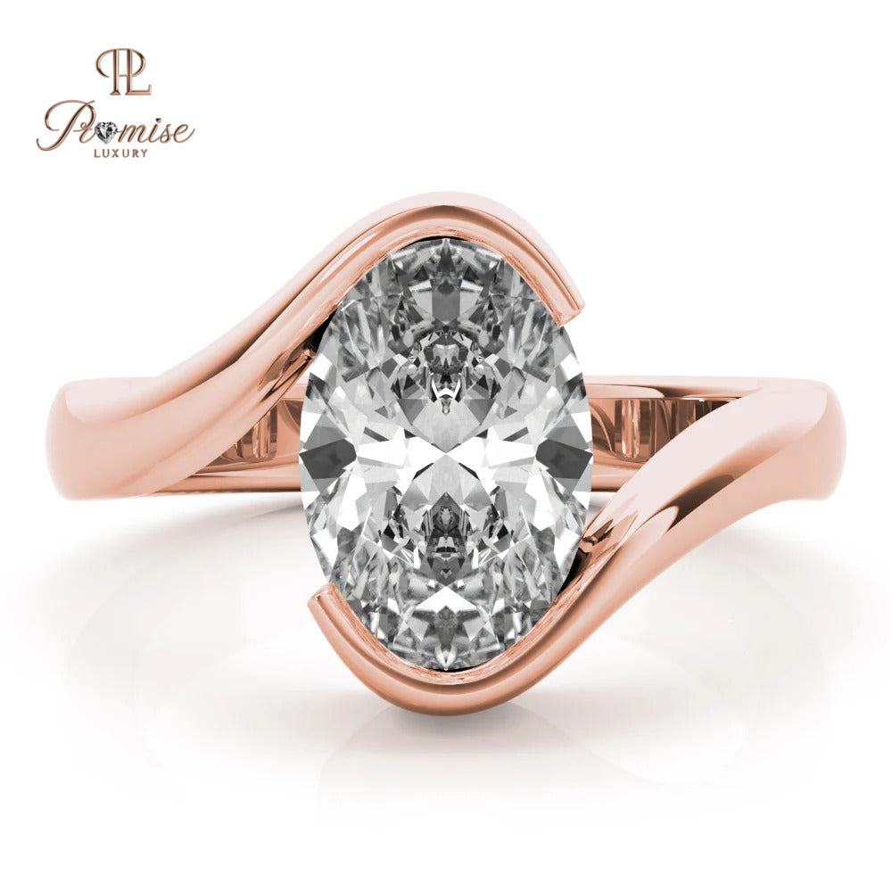 Minimalist Oval Diamond Ring – Half Bezel Engagement Ring in 14K Gold