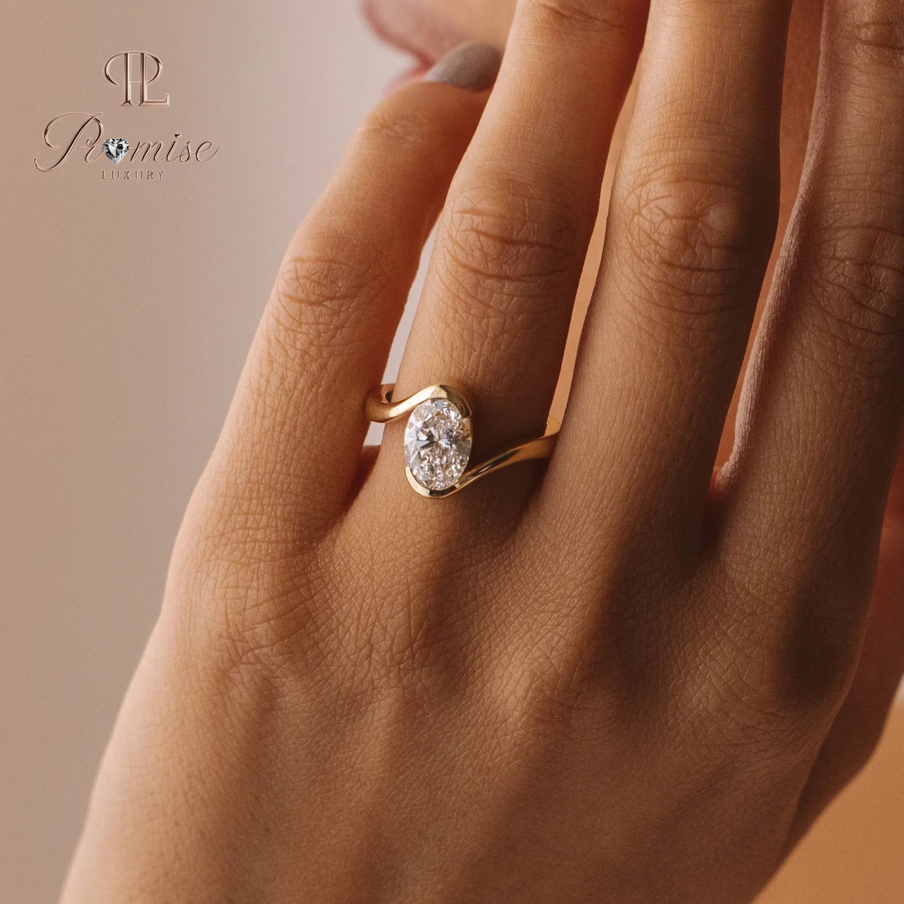 Minimalist Oval Diamond Ring – Half Bezel Engagement Ring in 14K Gold