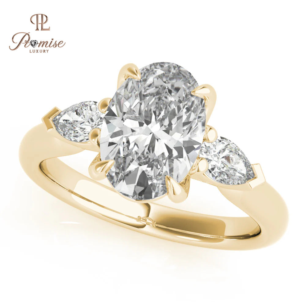 Three Stone Oval Lab Diamond Ring with Pear Side Diamonds - 14K Gold Trilogy Ring