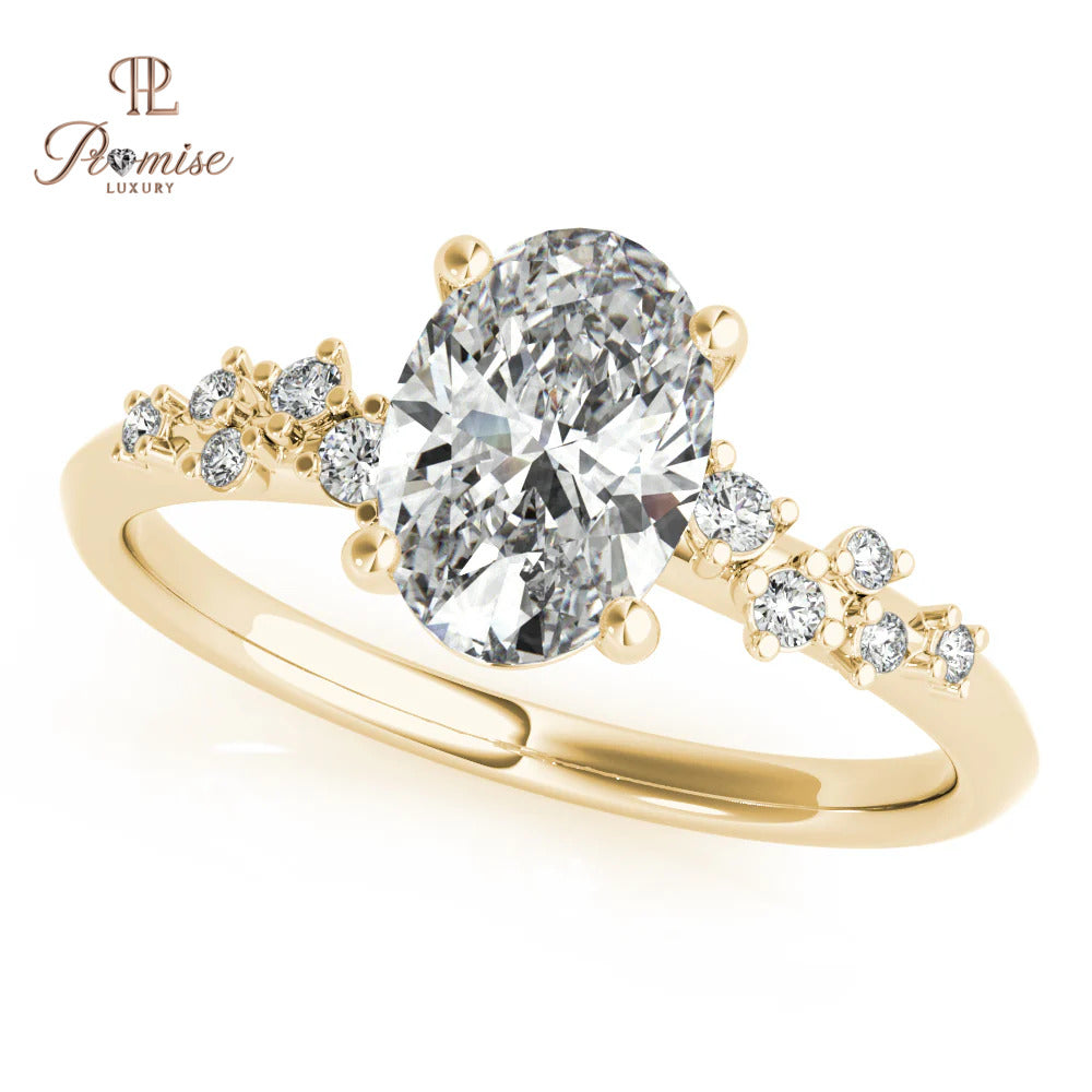 Oval Diamond Engagement Ring – Cluster Side Stone Bridal Ring for Women