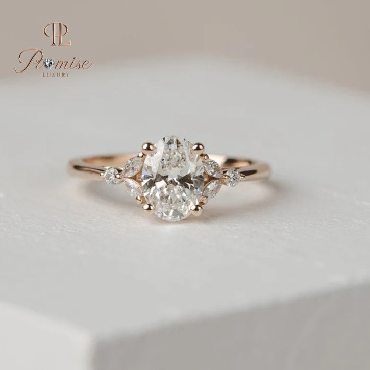 Antique Oval Cut Lab Grown Diamond Engagement Ring, Oval with Marquise & Round Side Diamonds Wedding Ring,