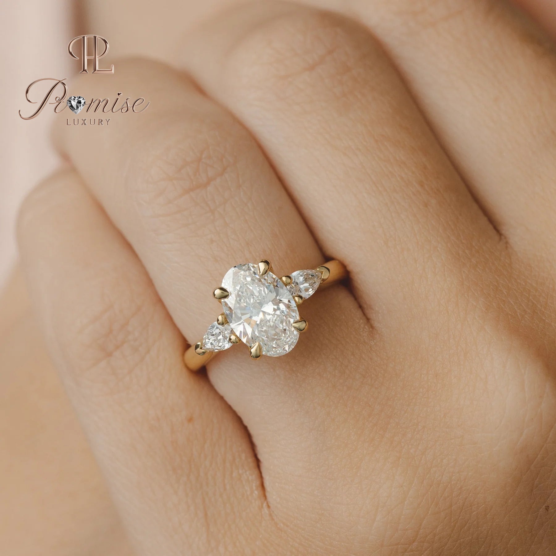 Three Stone Oval Lab Diamond Ring with Pear Side Diamonds - 14K Gold Trilogy Ring