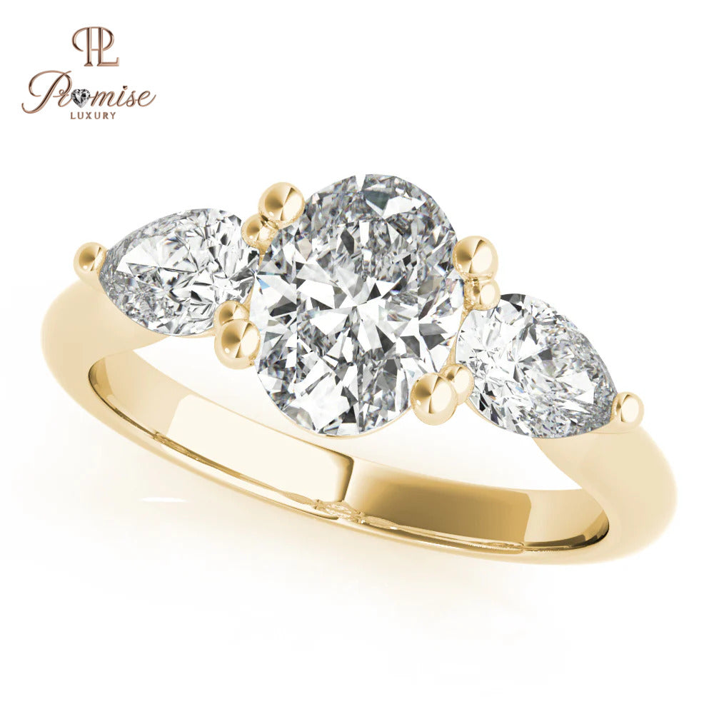 Three Stone Oval & Pear Cut Diamond Ring – Unique Engagement Ring for Women
