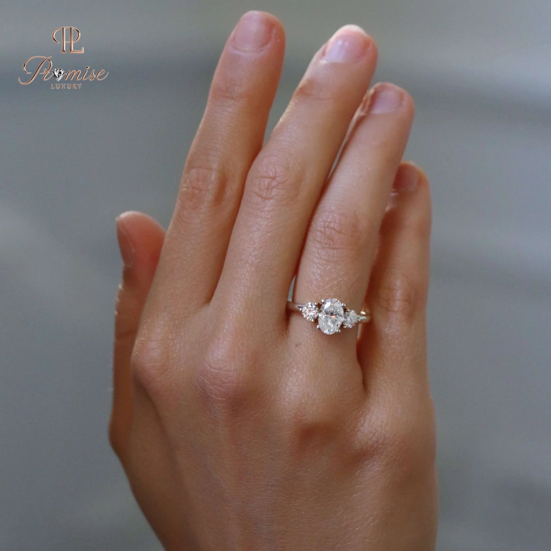 Elegant Oval & Round Three Stone Ring - Vintage Style Bridal Ring