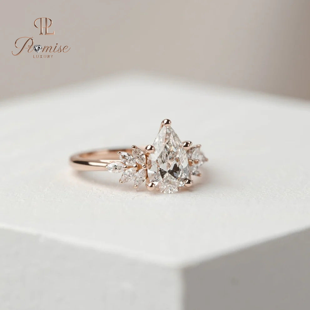 Pear Diamond Ring with Side Marquise Clusters – Luxury Engagement Ring for Women