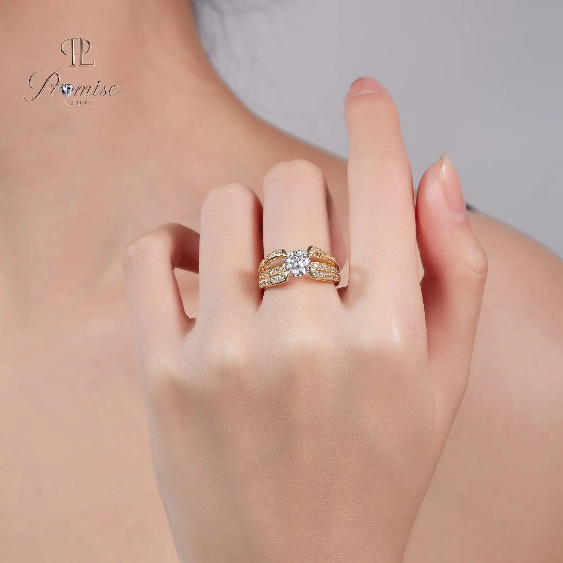 Premium Split Shank pave Diamond Engagement Ring - Round Solitire white Gold Ring