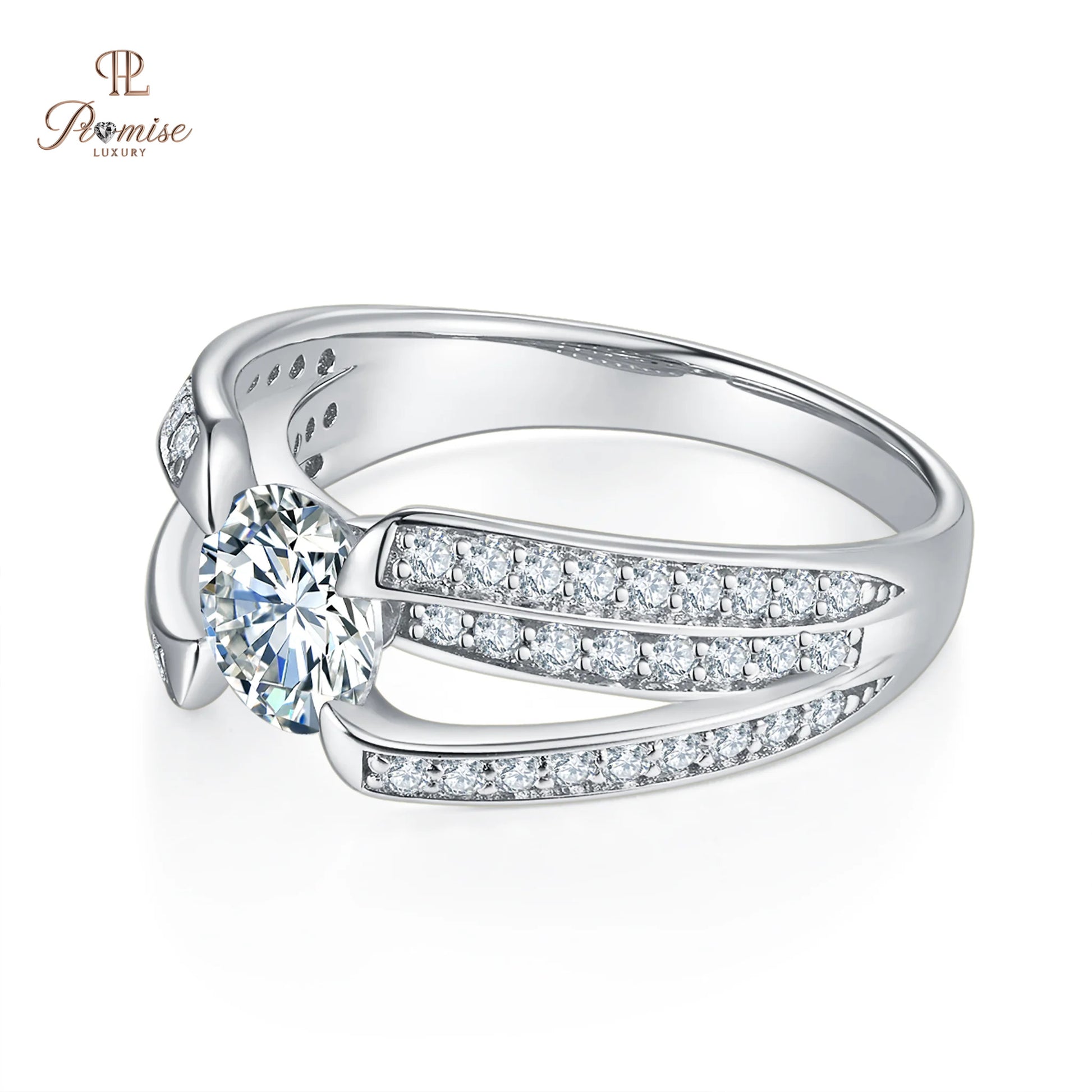 Premium Split Shank pave Diamond Engagement Ring - Round Solitire white Gold Ring