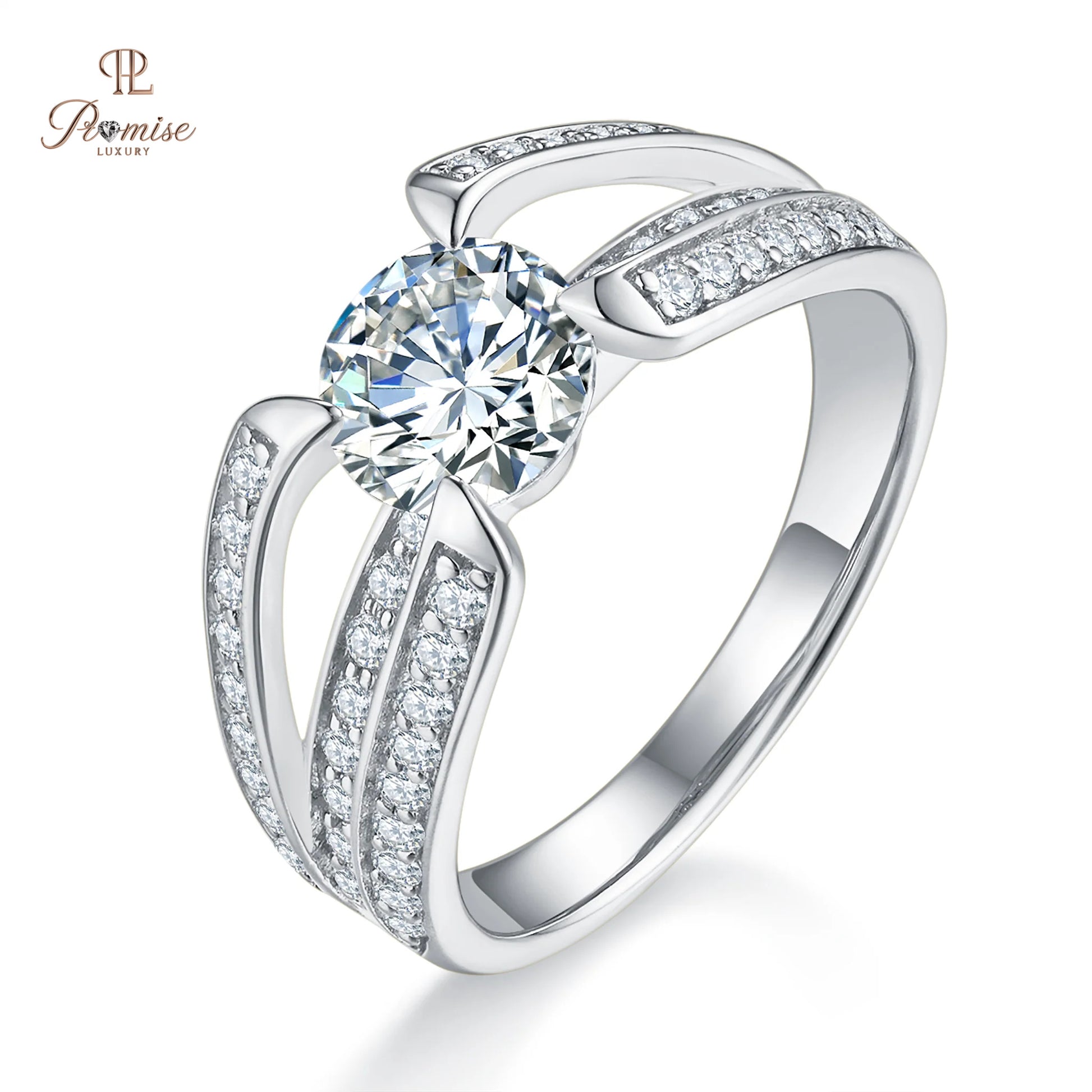 Premium Split Shank pave Diamond Engagement Ring - Round Solitire white Gold Ring