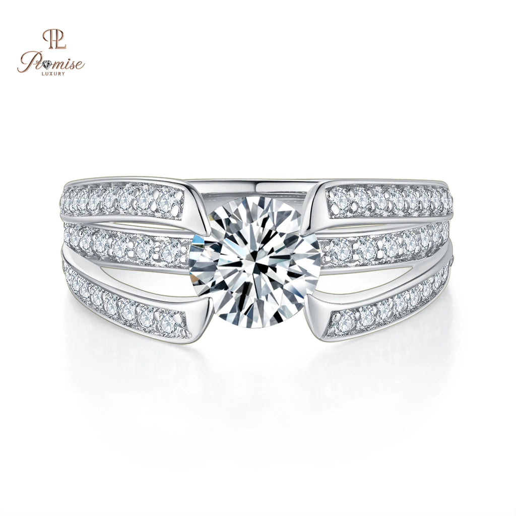 Premium Split Shank pave Diamond Engagement Ring - Round Solitire white Gold Ring